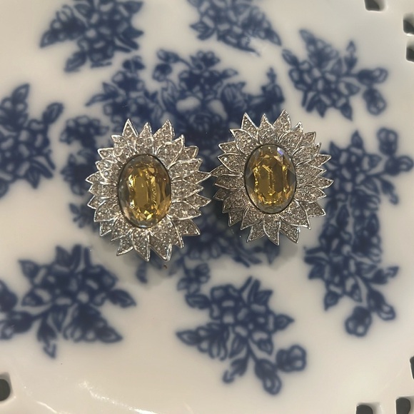 Christian Dior Topaz with Swarovski Crystal Sun Burst Clip On Earrings - Picture 1 of 4